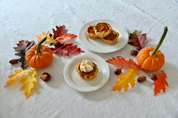 Fall harvest Thanksgiving pumpkin pie seasonal dessert for festive family dinner, close-up food background.