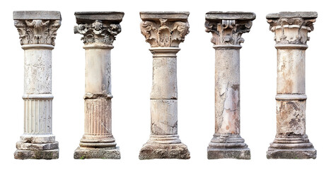 Ancient classical stone columns, isolated on transparent cutout background