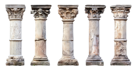 Ancient classical stone columns, isolated on transparent cutout background