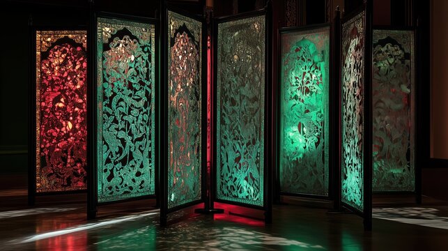 A beautifully crafted screen featuring exquisite lacework stands elegantly, bathed in soft green and red lights that enhance its intricate patterns and artistry