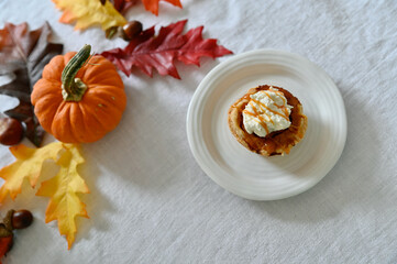 Fall harvest Thanksgiving pumpkin pie seasonal dessert for festive family dinner, close-up food background.