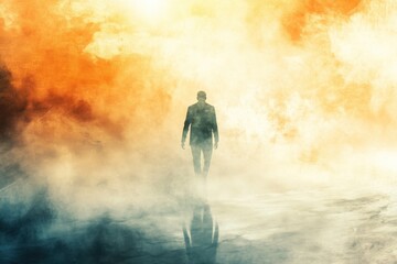 Fototapeta premium Disappearing. Surreal Illustration of a Man Evaporating into Fog, Abstract Concept