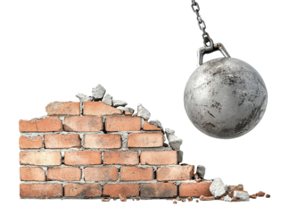 Wrecking ball smashing into a brick wall, isolated on transparent cutout background