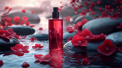 Cosmetic product photography in a spa with a natural setting of water and flowers.