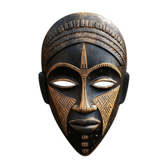 Traditional African tribal mask with intricate carvings, isolated on transparent cutout background