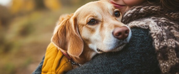 A person warmly hugging their dog with heart-themed accessories in a sunlit outdoor setting during autumn. Wide web banner.