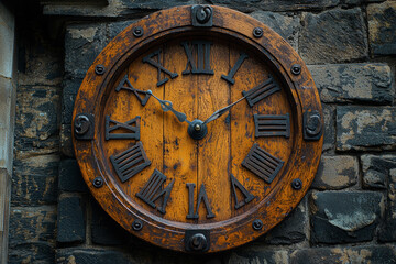 Fototapeta premium A wooden clock on a wall, ticking slowly, representing the passage of time in a relaxed way. Concept of slow living.