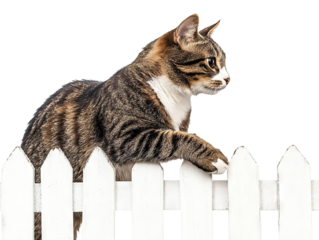 Tabby cat walking on a white wooden fence, isolated on transparent cutout background