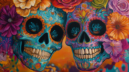 Overlapping sugar skulls with distorted, vibrant floral designs, Day of the Dead, flowers, skull