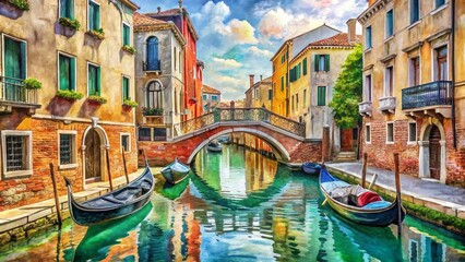 Watercolor Sketch of Venetian Buildings with Gondolas in Tranquil Canal Scene