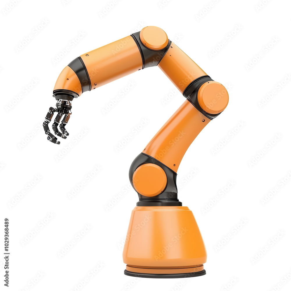 Poster industrial robotic arm with an orange design, demonstrating modern automation capabilities on a whit