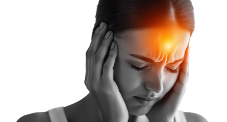 Young woman with migraine holding her head, isolated on transparent cutout background
