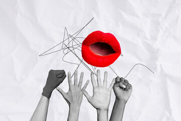Creative poster collage glamour woman lips pomade lipstick hands protest activists rebellion strike...