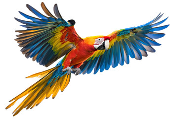 Obraz premium Colorful parrot flying with wide-spread wings, isolated on transparent cutout background