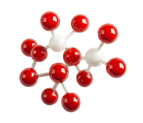 Molecular structure with red and white spheres, isolated on transparent cutout background