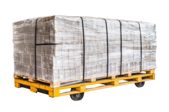 Stacked pallets of goods wrapped in plastic for safe transport on a yellow pallet. isolated on transparent background.