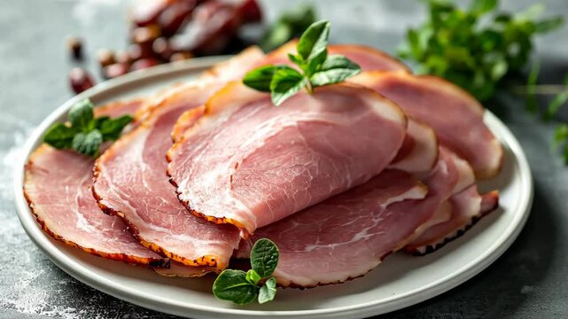 A plate of sliced ham with fresh herbs on a grey background