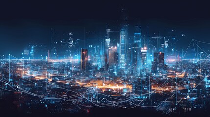 Futuristic smart city skyline with digital connections at night