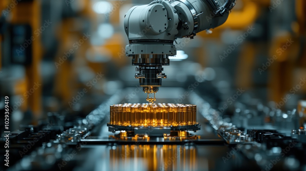 Poster a robotic arm assembling components in a high-tech industrial setting.