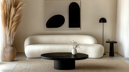 Minimalist living room, curved white sofa, black round coffee table, abstract black shape artwork, beige walls, sisal rug, black table lamp, dried pampas grass, window with sheer curtains, monochromat