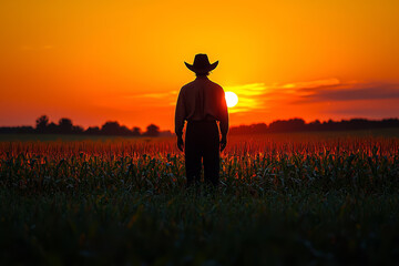 Fototapeta premium A scarecrow standing alone in a cornfield, silhouetted by the setting sun. Concept of rural Halloween traditions.