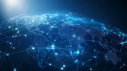 Digital World Map with Interconnected Network of Lines and Nodes