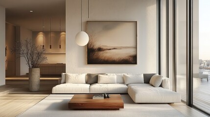 Fototapeta premium Modern minimalist living room, neutral tones, large white sectional sofa, abstract landscape painting, pendant light, floor-to-ceiling windows, wooden coffee table, textured wall, cozy atmosphere, arc