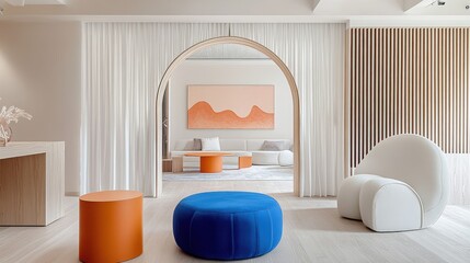 Modern interior design, minimalist living room, curved white armchair, round blue ottoman, cylindrical orange side tables, abstract peach artwork, arched doorway, textured white walls, wooden slat par