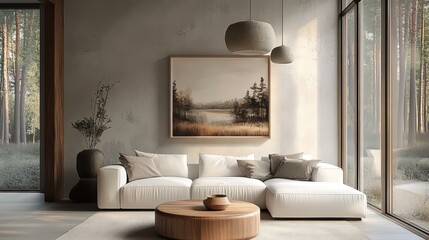 Fototapeta premium Modern minimalist living room, neutral tones, large white sectional sofa, abstract landscape painting, pendant light, floor-to-ceiling windows, wooden coffee table, textured wall, cozy atmosphere, arc
