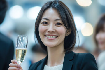 Happy Japanese businesswoman toasting with a glass of champagne
