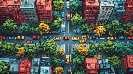 Fototapeta premium Aerial view of colorful city street with vibrant autumn trees