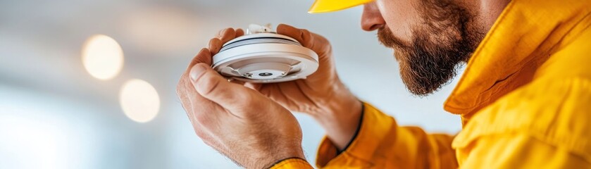 Fototapeta premium Firefighter Checking Smoke Detectors for Safety Compliance