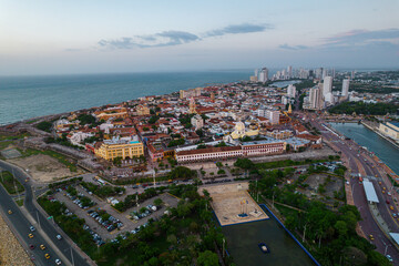 Beautiful aerial view of Bocagrande Hotel area in the upmarket area popular for its long, sandy beaches backed by palm-lined promenades0 Cartagena Colombia