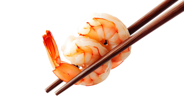 Delicious, juicy shrimp held by chopsticks, cut out
