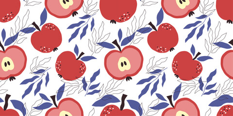 Seamless pattern with apples and leaves. Botanical design in abstract style. Pattern for fabric, kitchen textile and wallpaper.