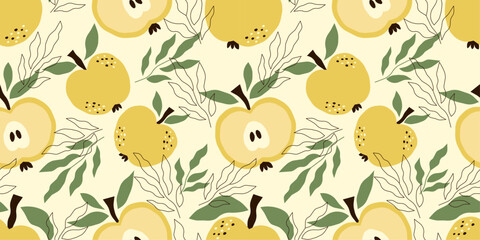 Seamless pattern for textiles and fabric with yellow apples. Vector design with fruit and leaves. Hand drawn background with abstract fruits.