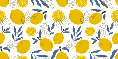 Hand drawn seamless pattern with lemons and leaves. Colorful vector design with tropical citrus fruits. Repetitive texture for scrapbooking paper.