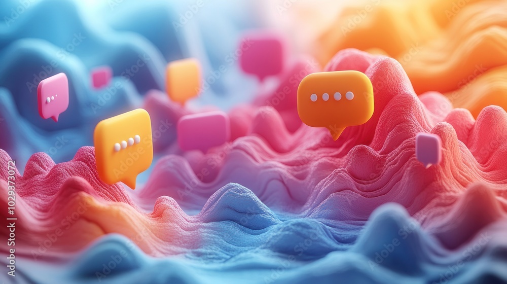 Poster abstract representation of communication with chat bubbles over colorful wave patterns.