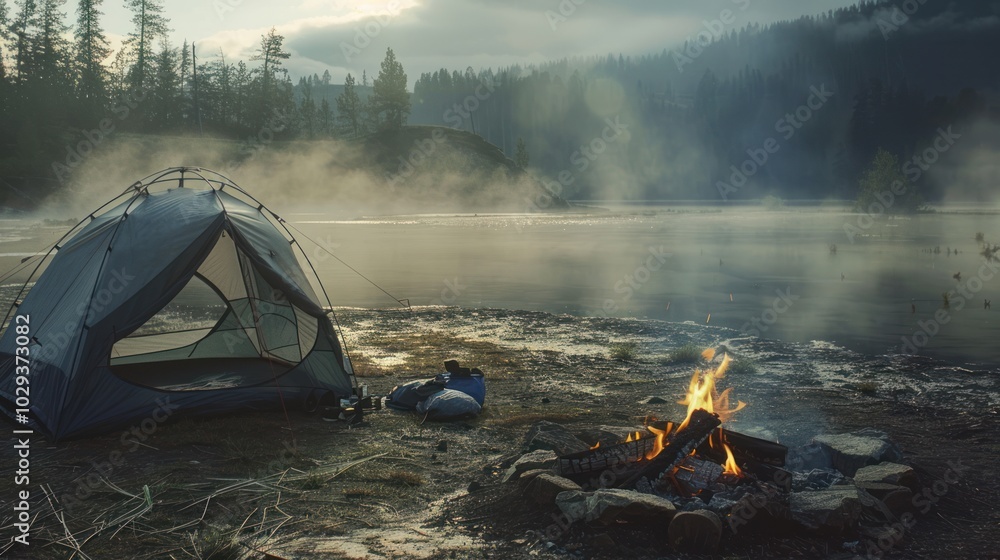 Poster Campsite by a Misty Lake with a Campfire