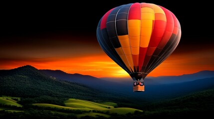 Obraz premium Hot Air Balloon Sunset Adventure: A vibrant hot air balloon ascends gracefully against a breathtaking backdrop of a fiery sunset over rolling hills, capturing the essence of adventure, freedom.