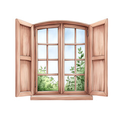 Obraz premium watercolor Wooden window with open shutters, green view transparent background