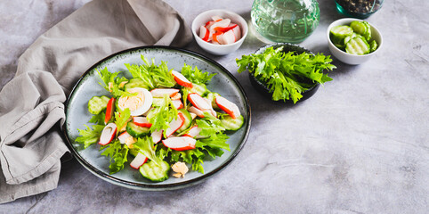 Light salad of crab sticks, cucumber, boiled egg and lettuce on a plate on the table web banner © elenarui
