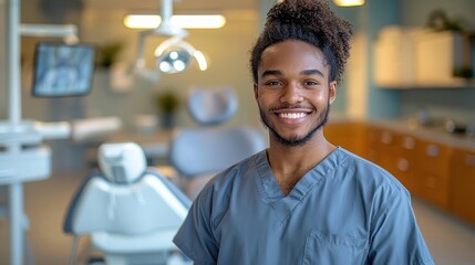 Obraz premium Young male dental professional smiling in modern clinic with dental equipment in the background during daylight hours