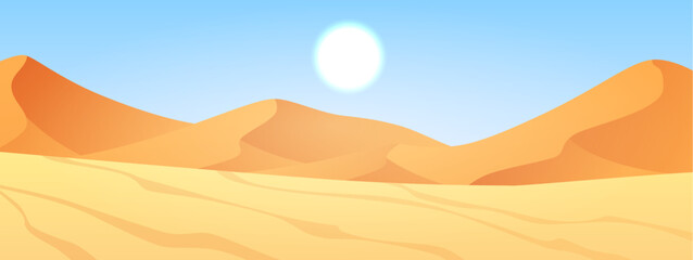 Desert landscape with golden sand dunes, vector, cartoon sunrise under sandy hills, deserted African nature background © sabelskaya