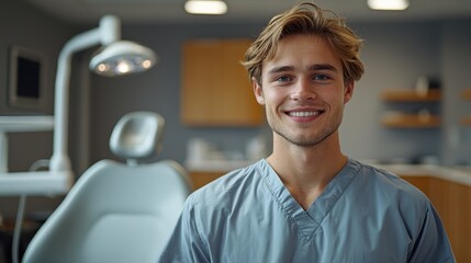 Fototapeta premium Young male dental professional smiling in a modern dental clinic during a daytime session with patients in the background