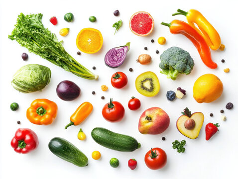 Colorful array of fresh fruits and veggies displayed on a bright white background - Powered by Adobe