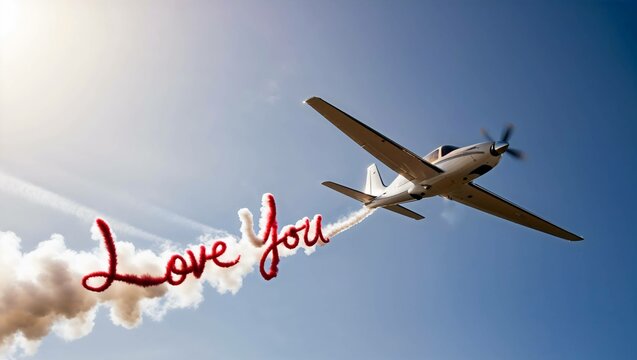 Romantic Skywriting Love Message Airplane, Aerial View, Clear Blue Sky, Red Smoke Letters, Propeller Plane in Flight, Ideal for Valentine's, Celebrations, or Romantic Gifts