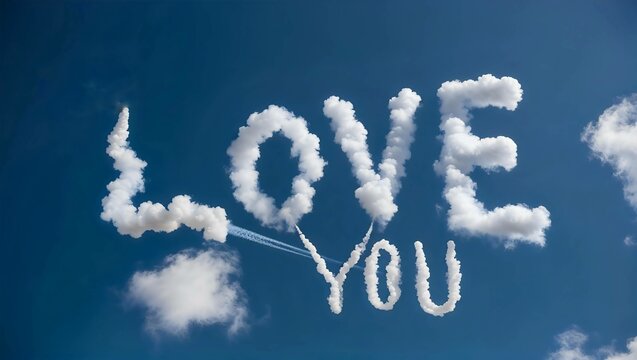 Romantic Skywriting 'Love You' in Fluffy Cloud Letters Against a Clear Blue Sky - Ideal for Greeting Cards, Romantic Messages, Wedding Announcements, and Home Decor Art
