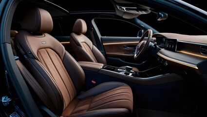 A high-end luxury car interior, featuring leather seats, ambient LED lighting, and a sleek, modern dashboard design.