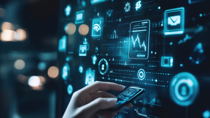 Exploring digital finance innovations with a smartphone in a modern urban environment at night